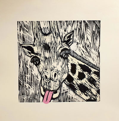 Animal Antics series: Giraffe (2018) woodcut and chine colle on paper - Pui Lee