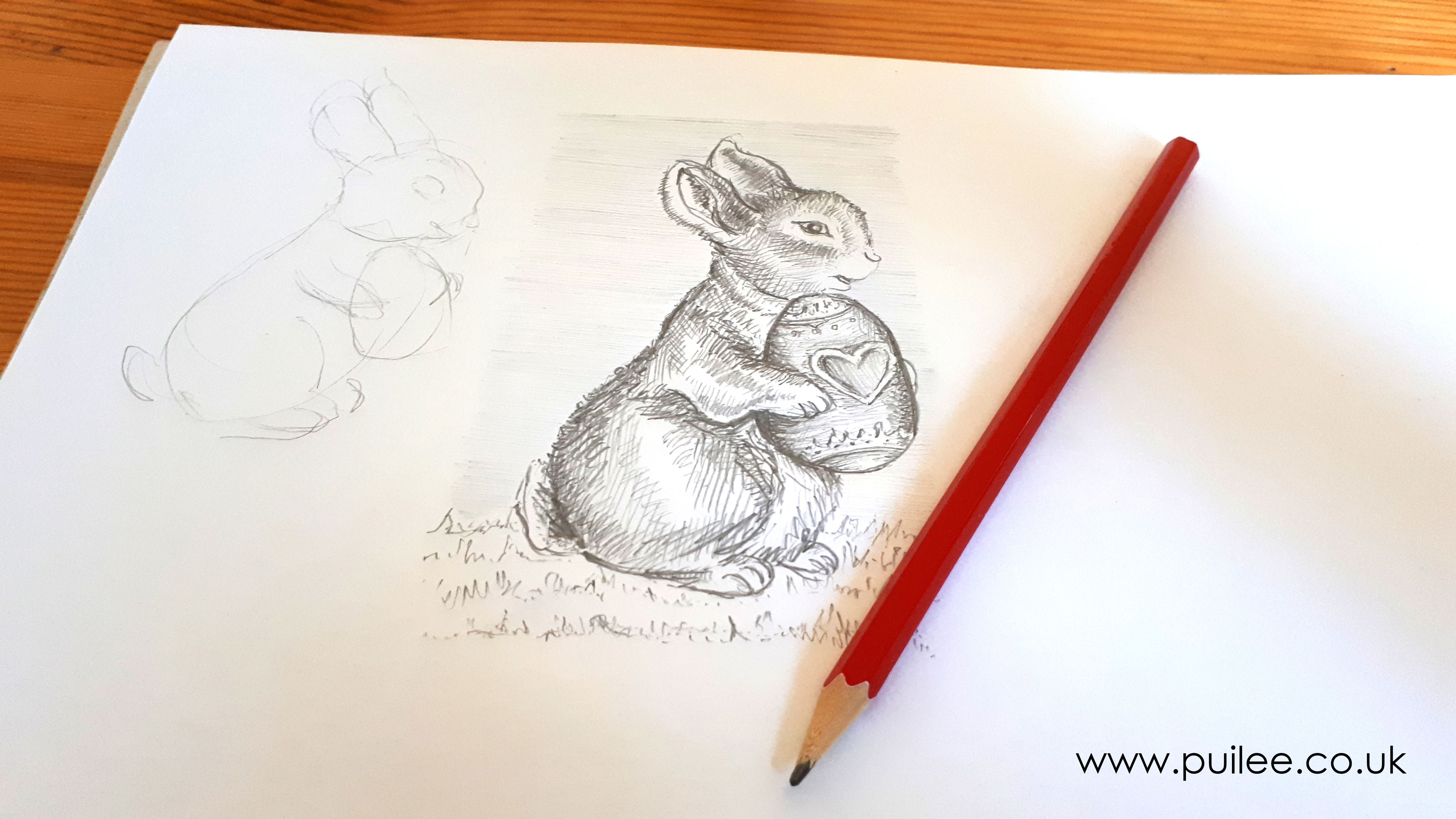 Bunny Holding Easter Egg (2020) -pencil on paper - Artist Pui Lee