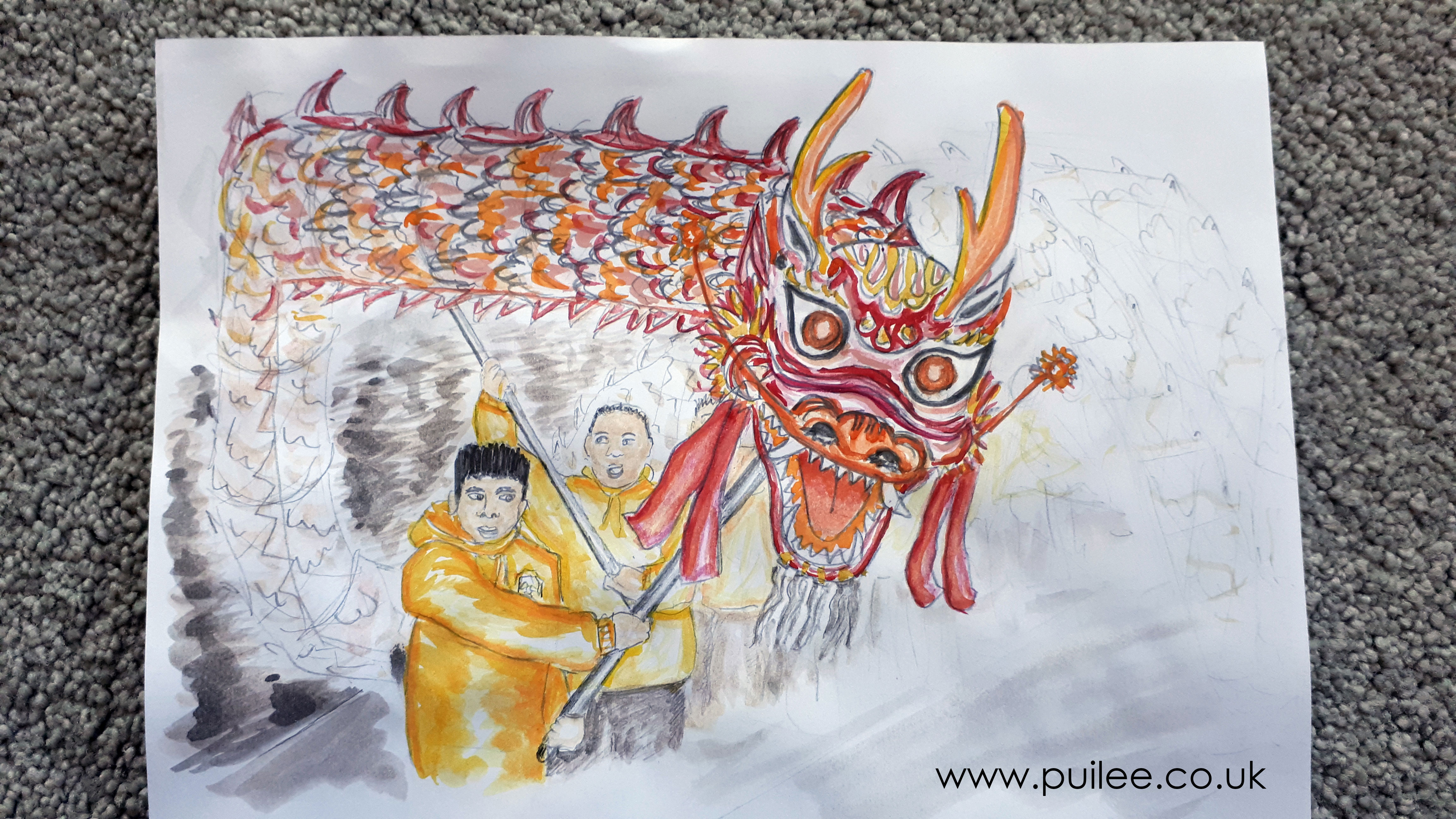 Ncl Chinese New Year Festival Dragon Dance (2020) pencil and watercolour - Artist Pui Lee
