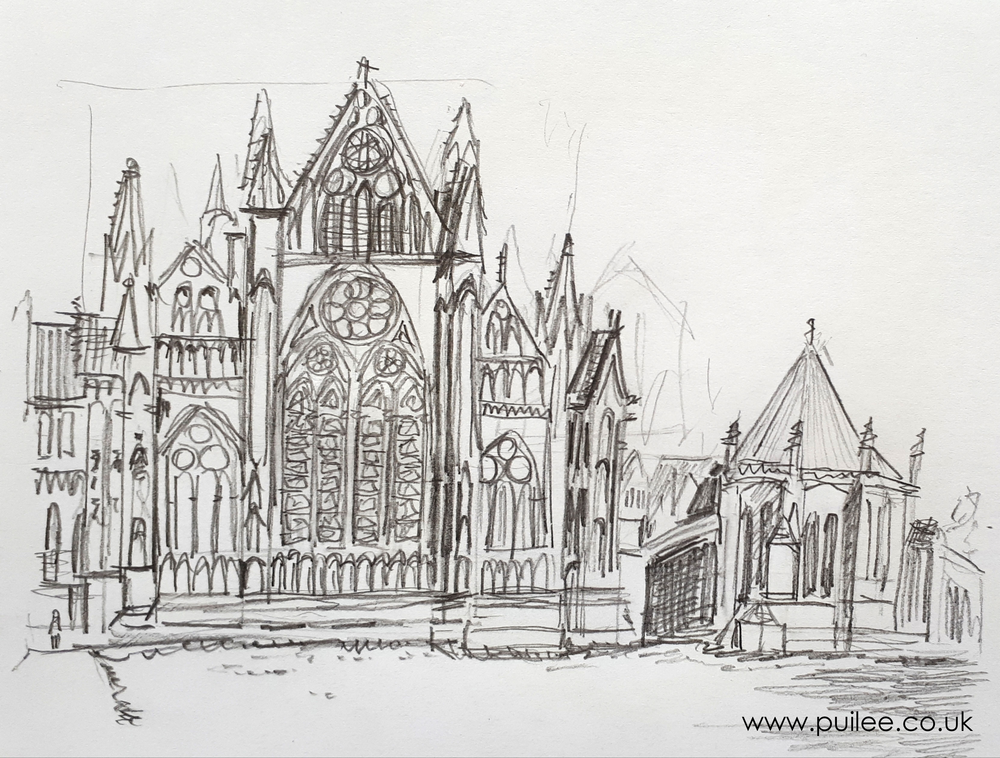 Sketch of Lincoln Cathedral (2020) pencil on paper - Artist Pui Lee