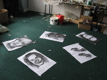 View of drawings on studio floor (2008)